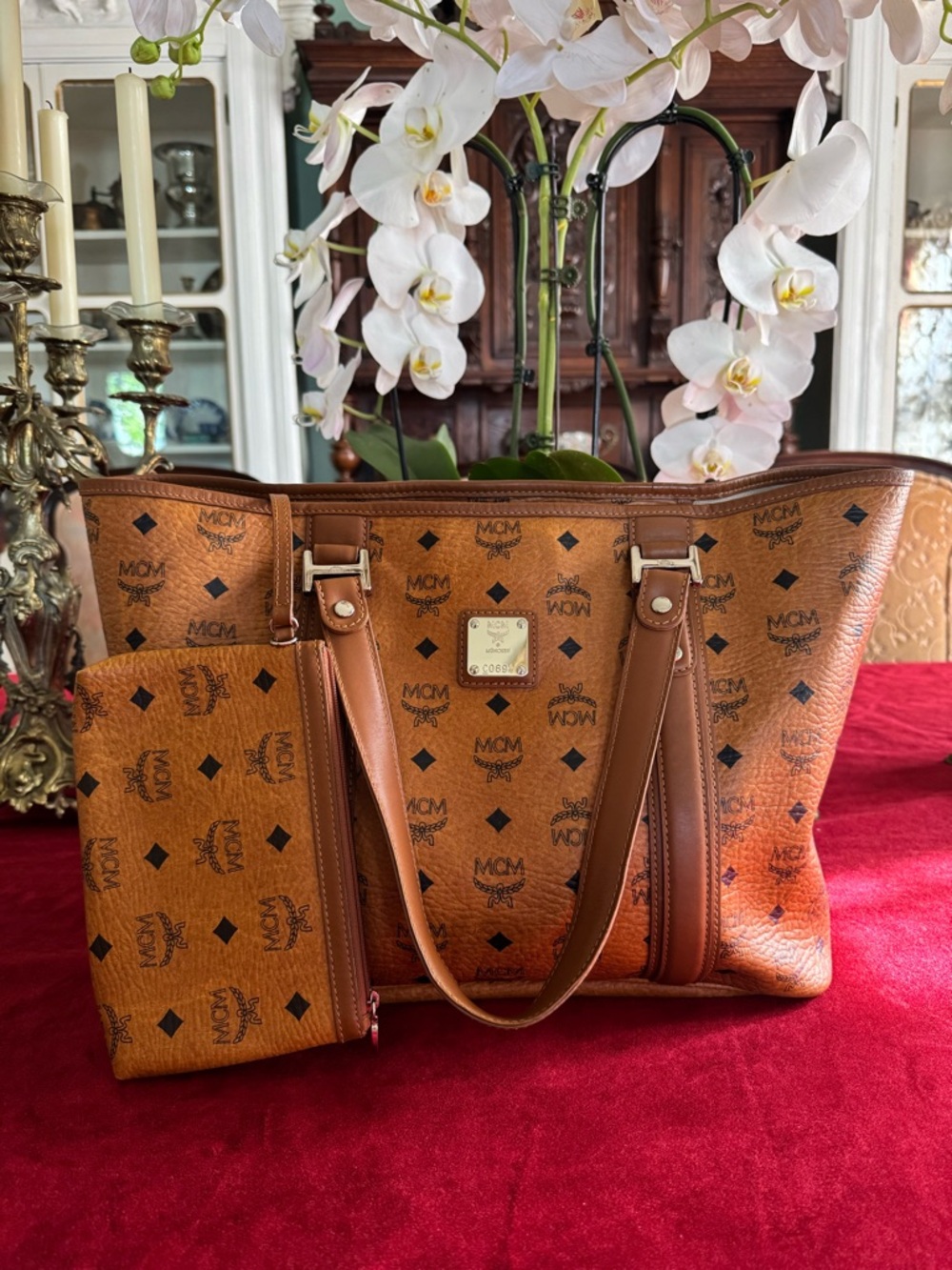 MCM Cognac Logo Visetos Tote with Matching Pouch